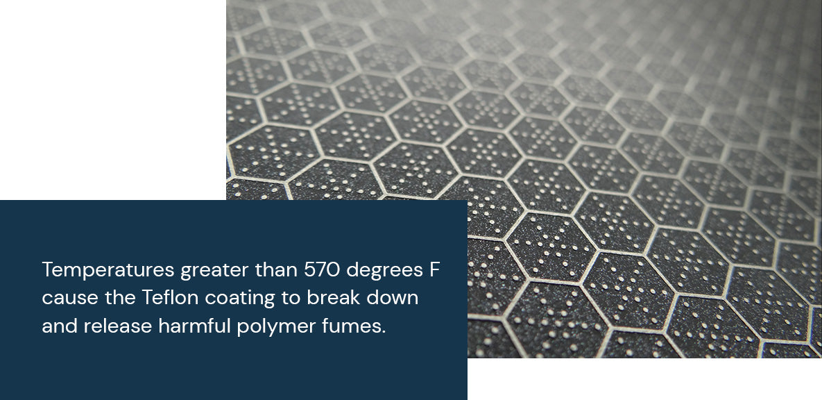 Temperatures greater than 570 degrees F cause the Teflon coating to break down and release harmful polymer fumes.