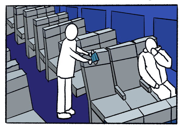 Mostly blue illustration of an empty airplane. 
