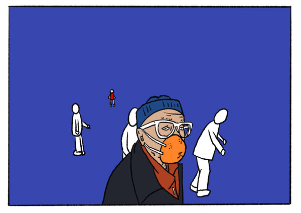 Mostly blue illustration of a man wearing an orange rind as a mask. 