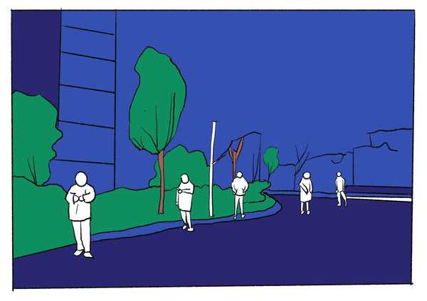Mostly blue illustration of people waiting in a socially distanced line. 