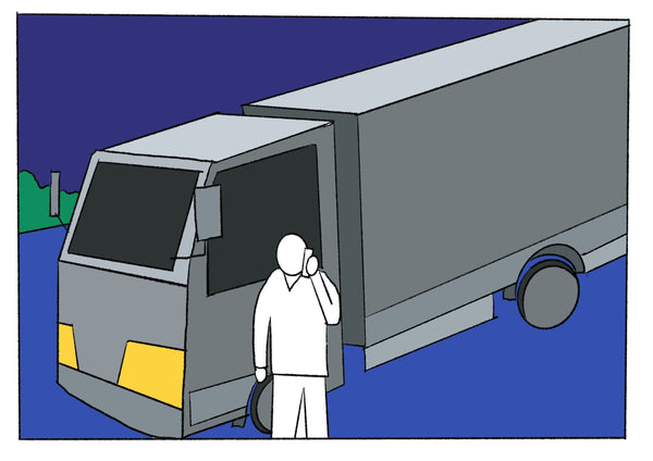 Mostly blue illustration of a man in front of a large truck. 