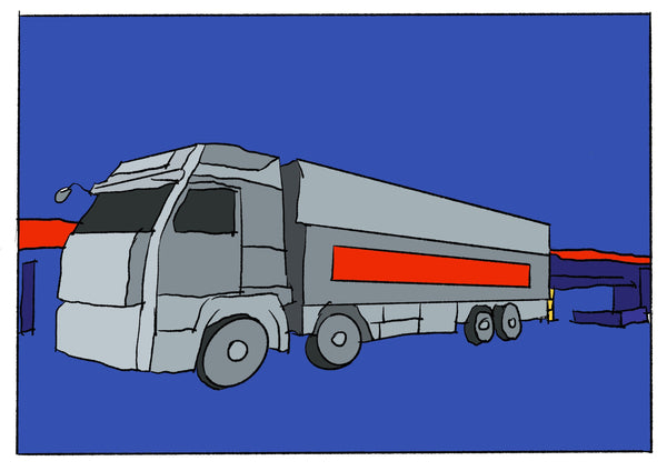 Mostly blue illustration of a large truck. 