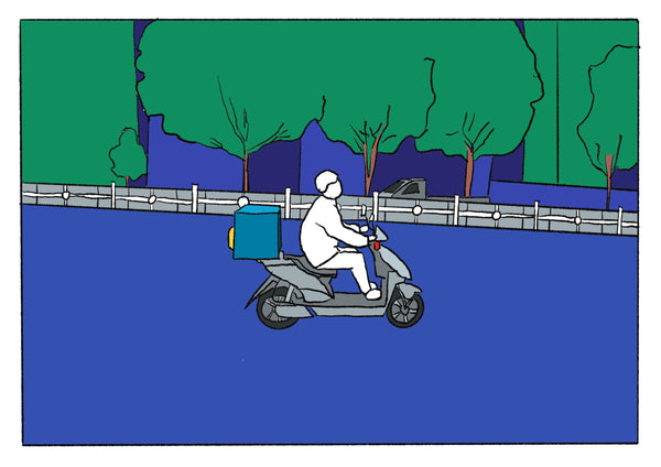 Mostly blue illustration of a man on a scooter. 