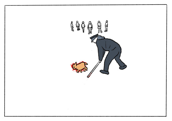 White illustration of a man beating a dog to death. 