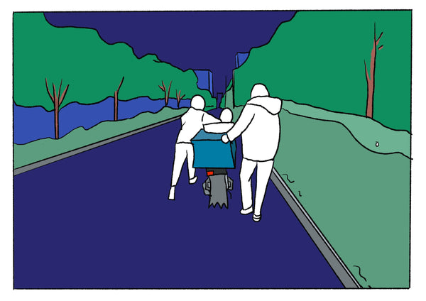 Mostly blue illustration of several people pushing a scooter. 