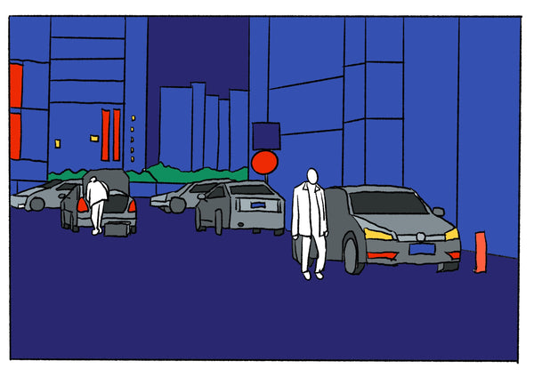 Mostly blue illustration of several people outside of their cars. 