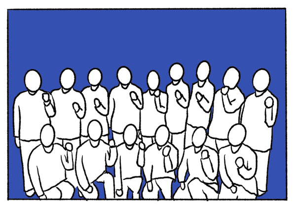 Mostly blue illustration of a group photo. 