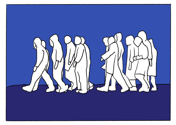 Mostly blue illustration of a group of people walking.