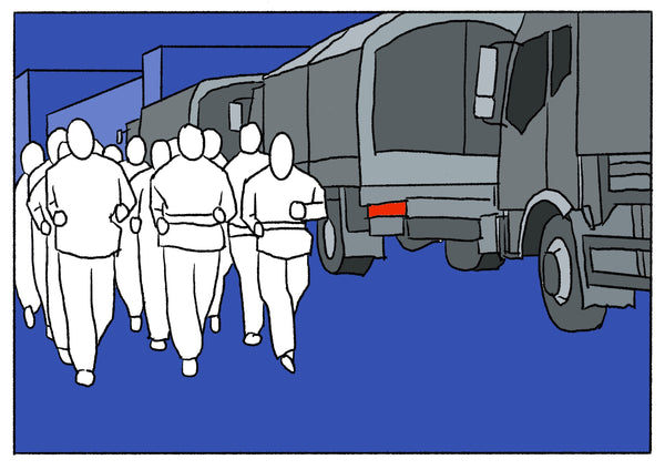 Mostly blue illustration of a group of people jogging next to military looking trucks. 