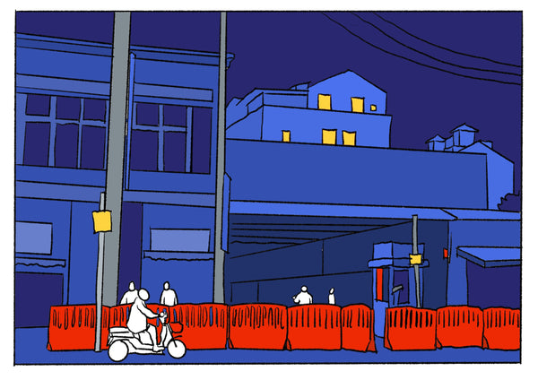 Mostly blue illustration of a street with a red safety fence. 