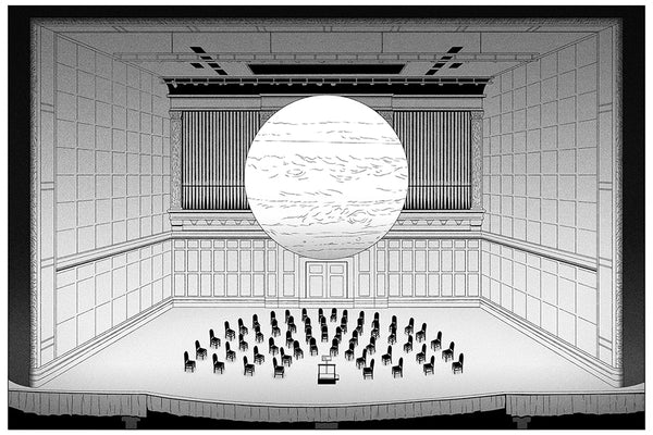 Illustration of a planet hanging over an empty orchestra setup.