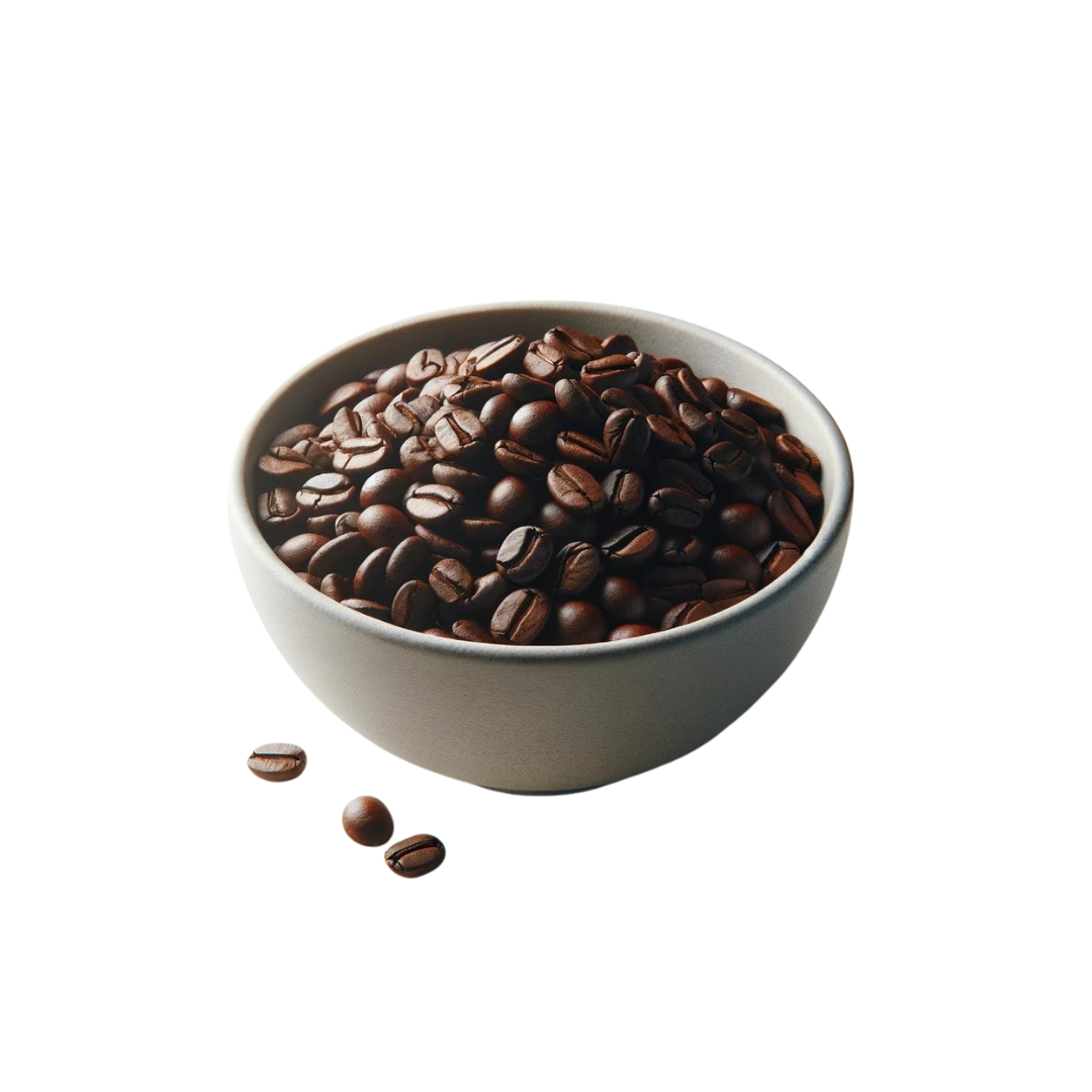 A bowl filled with coffee beans on a dark background.