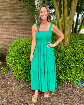 Love Me Smocked Tiered Midi Dress In Green & Mauve