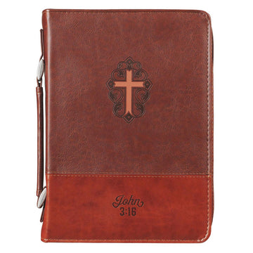 John 3:16 Two-Tone Brown Faux Leather Bible Cover With Cross