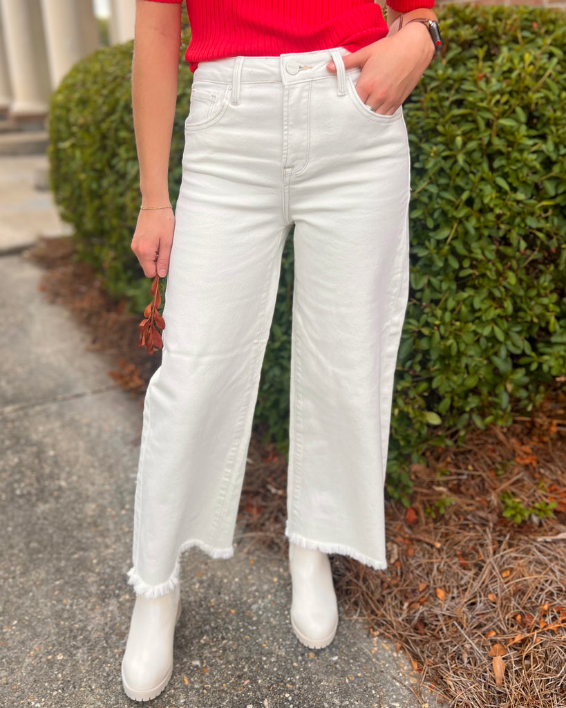 Risen White Wide Leg Crop Jeans