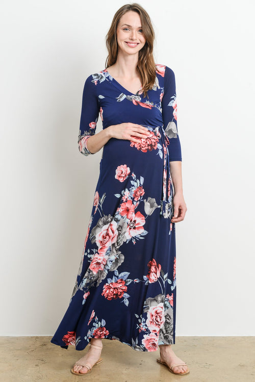 Floral Faux Wrap Maternity & Nursing Maxi Dress