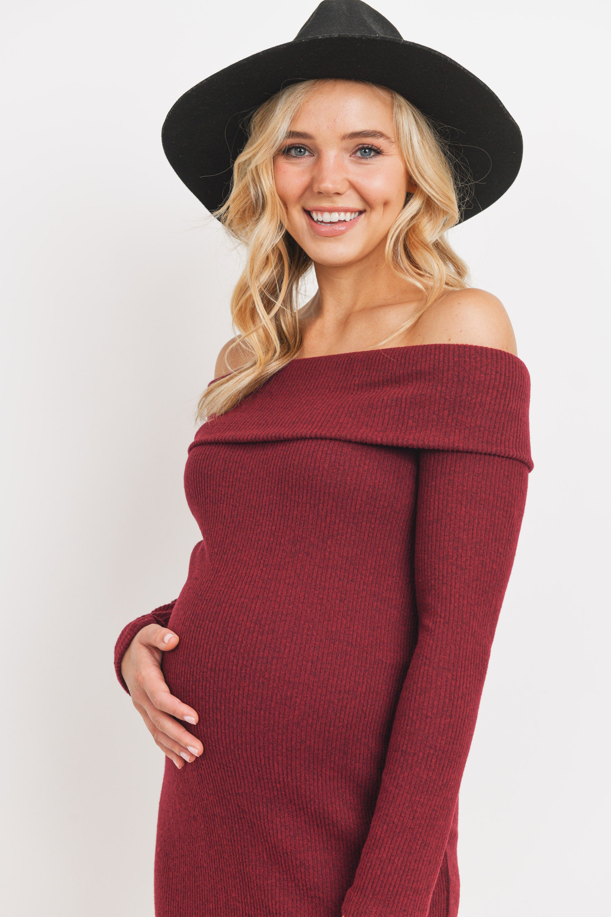 Cashmere Like Ribbed Off-Shoulder Maternity Dress in burgundy front view close up