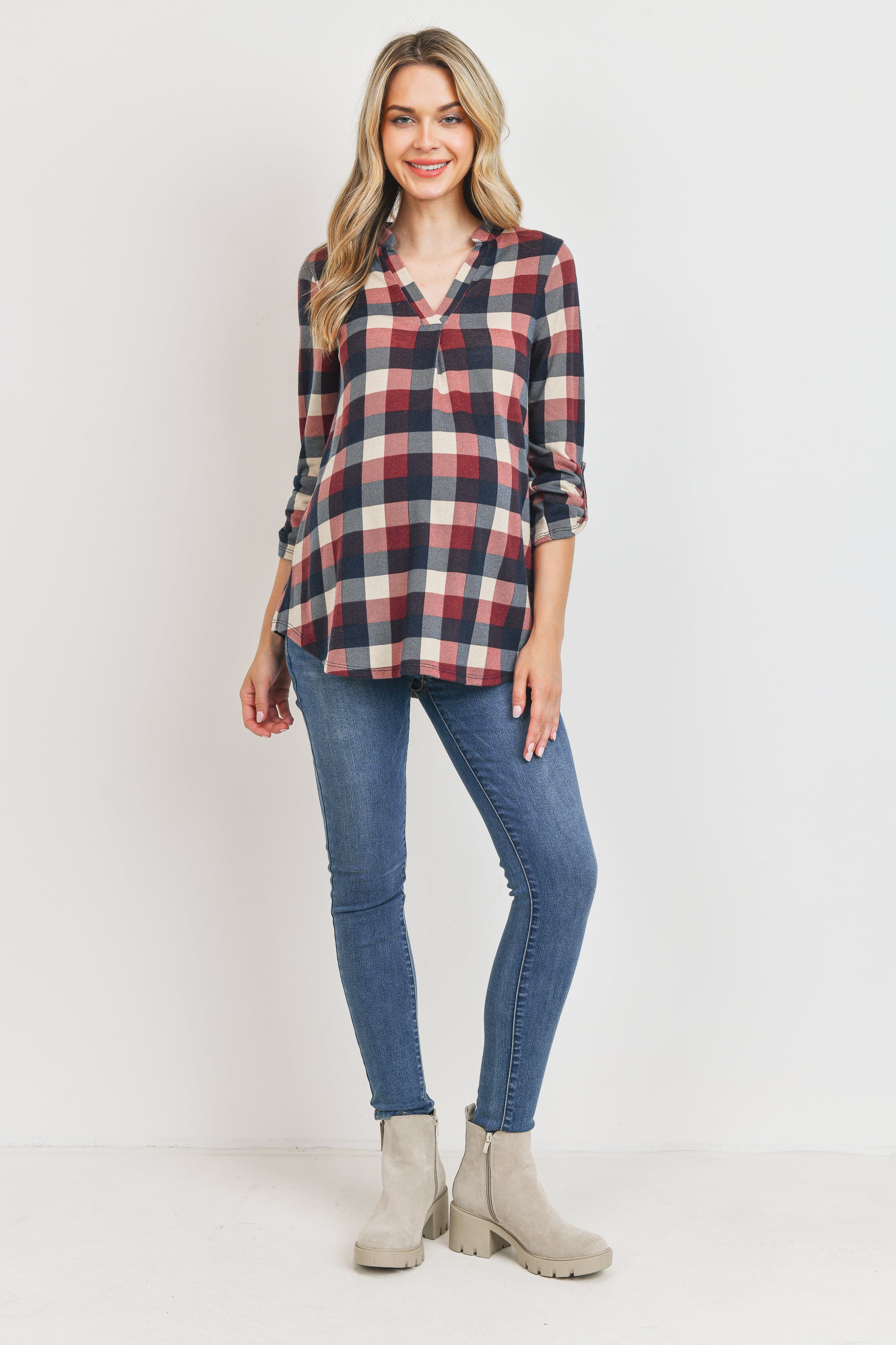 Hacci Checker V-Neck Maternity Tunic Blouse