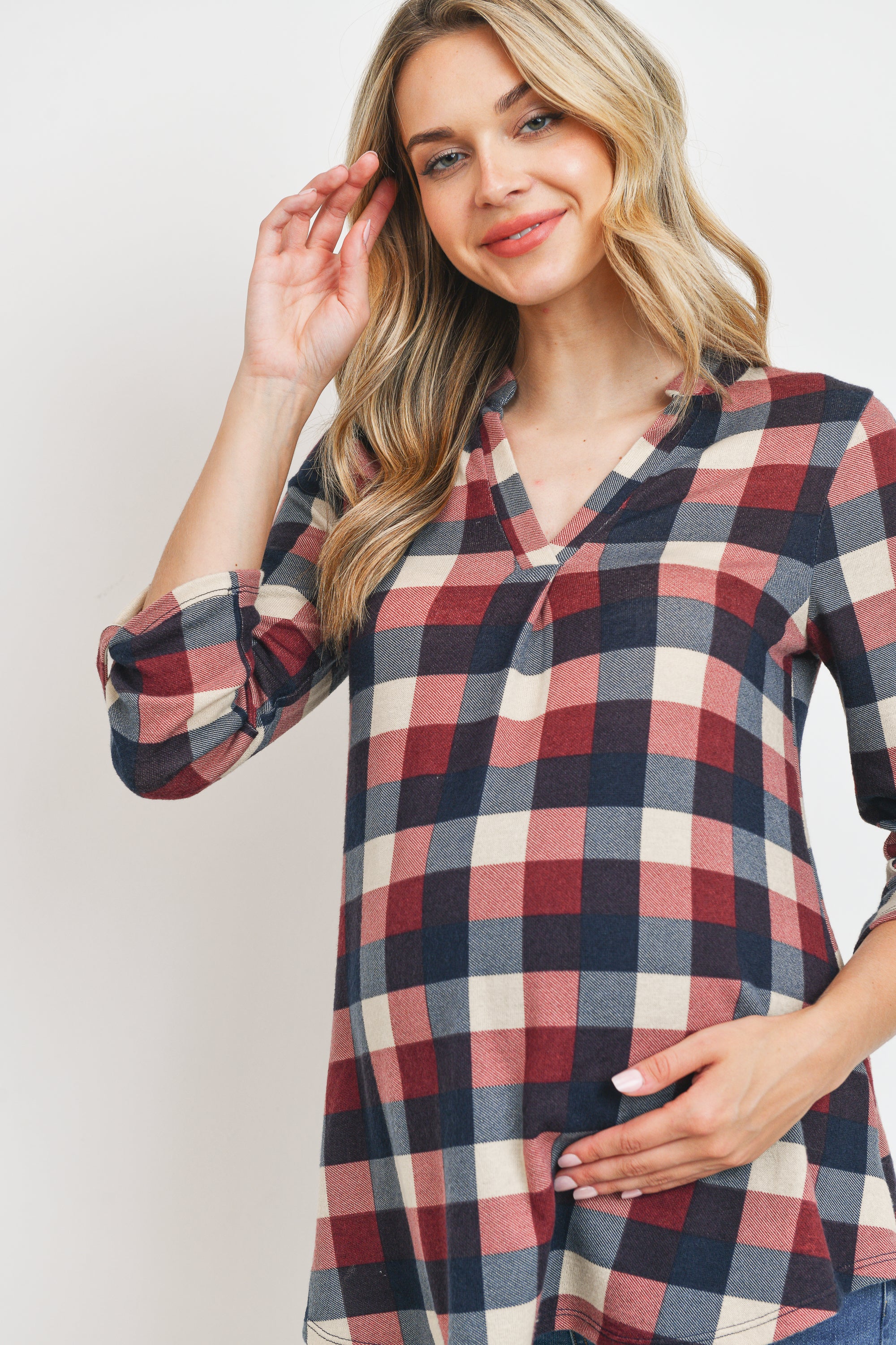 Hacci Checker V-Neck Maternity Tunic Blouse