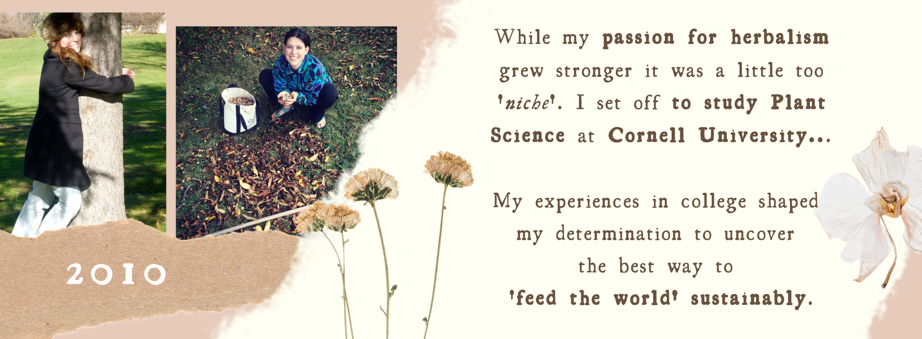 While my passion for herbalism grew stronger it was a little too 'niche'. I set off to study Plant Science at Cornell University...   My experiences in college shaped  my determination to uncover  the best way to  'feed the world' sustainably.