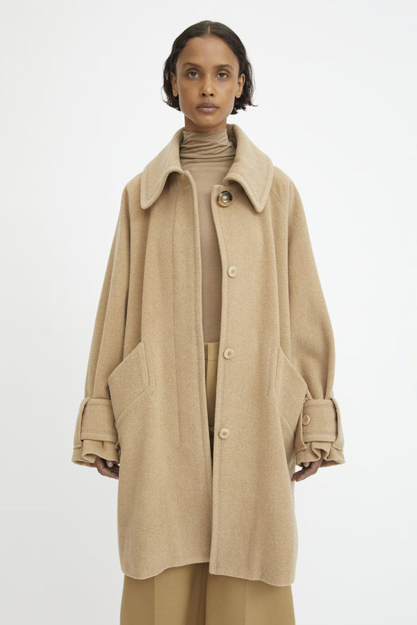 Double-faced button-up camel wool coat