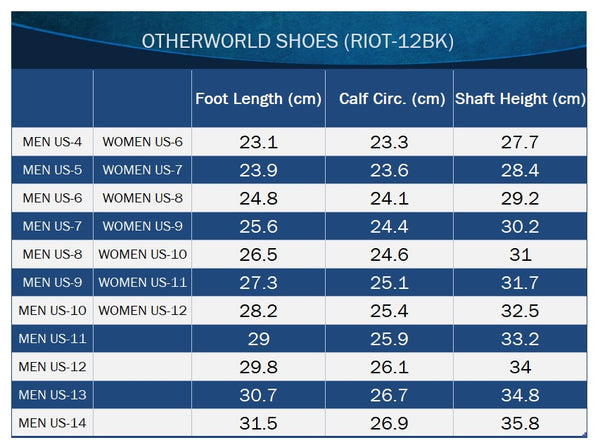 demonia riot-12bk size chart