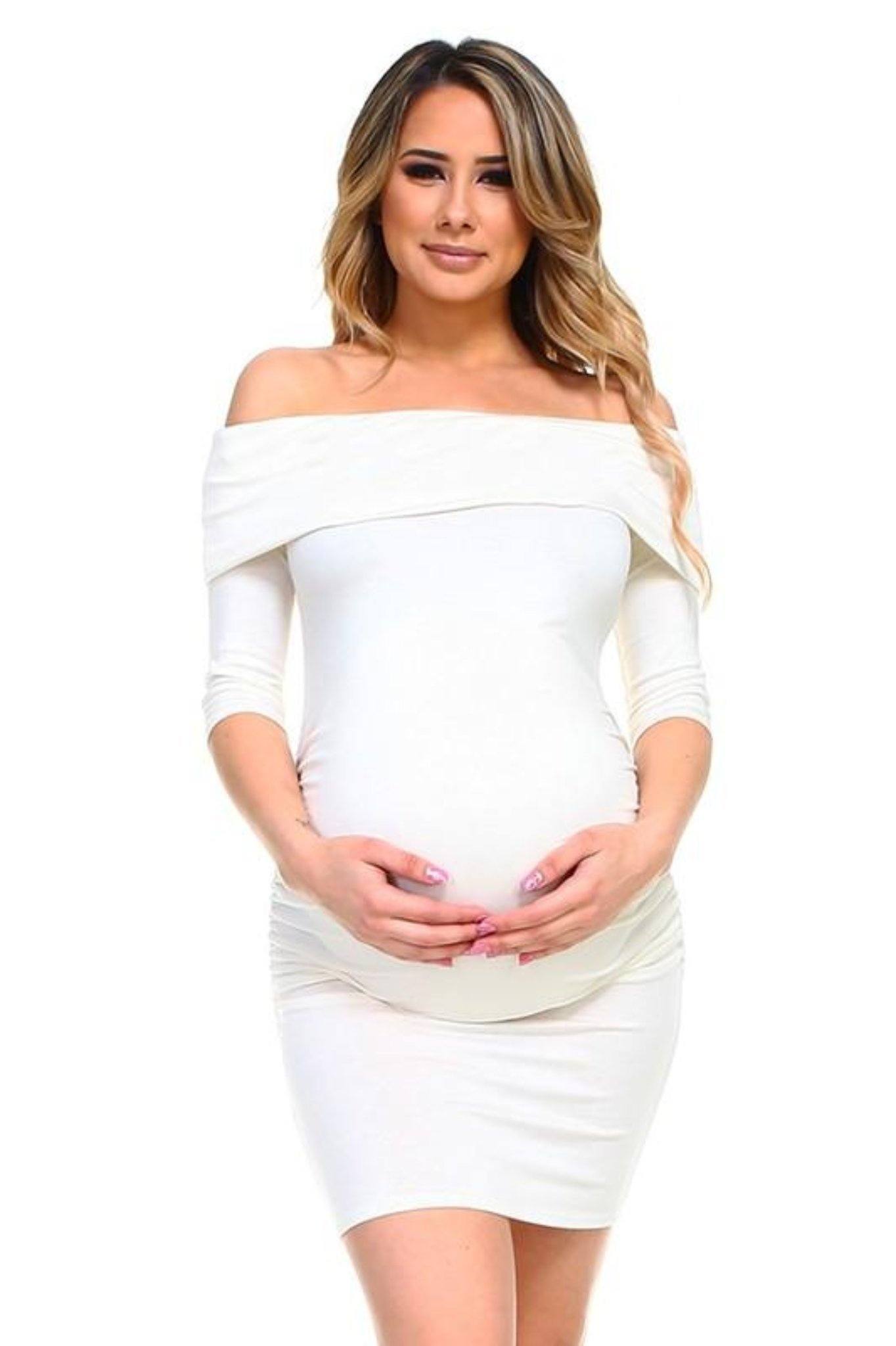 White Off The Shoulder Fitted Maternity Solid Dress Maternity N Beyond 