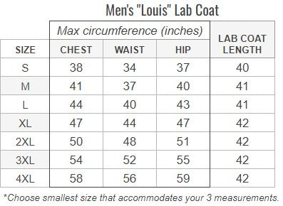 mens cotton lab coat size chart