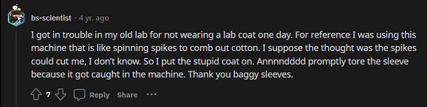 loose lab coat cuffs getting caught in dangerous equipment causing a safety hazard