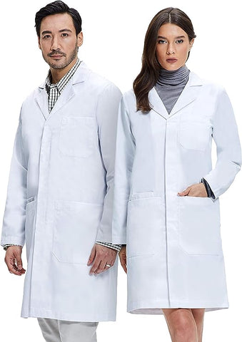 man and woman in white cotton lab coats for chemistry lab classes  - GLG