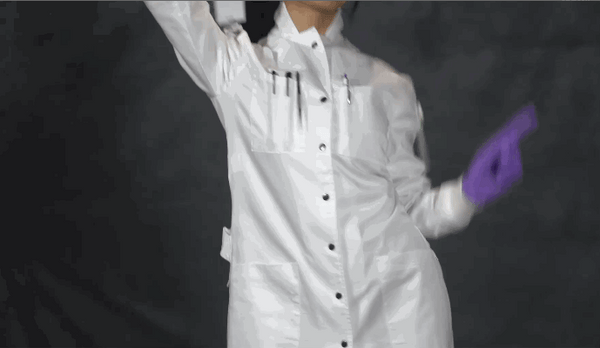 women dancing in petite white cotton lab coat with gloves