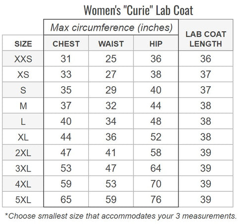 Women's Curie Lab Coat Size Chart - Genius Lab Gear