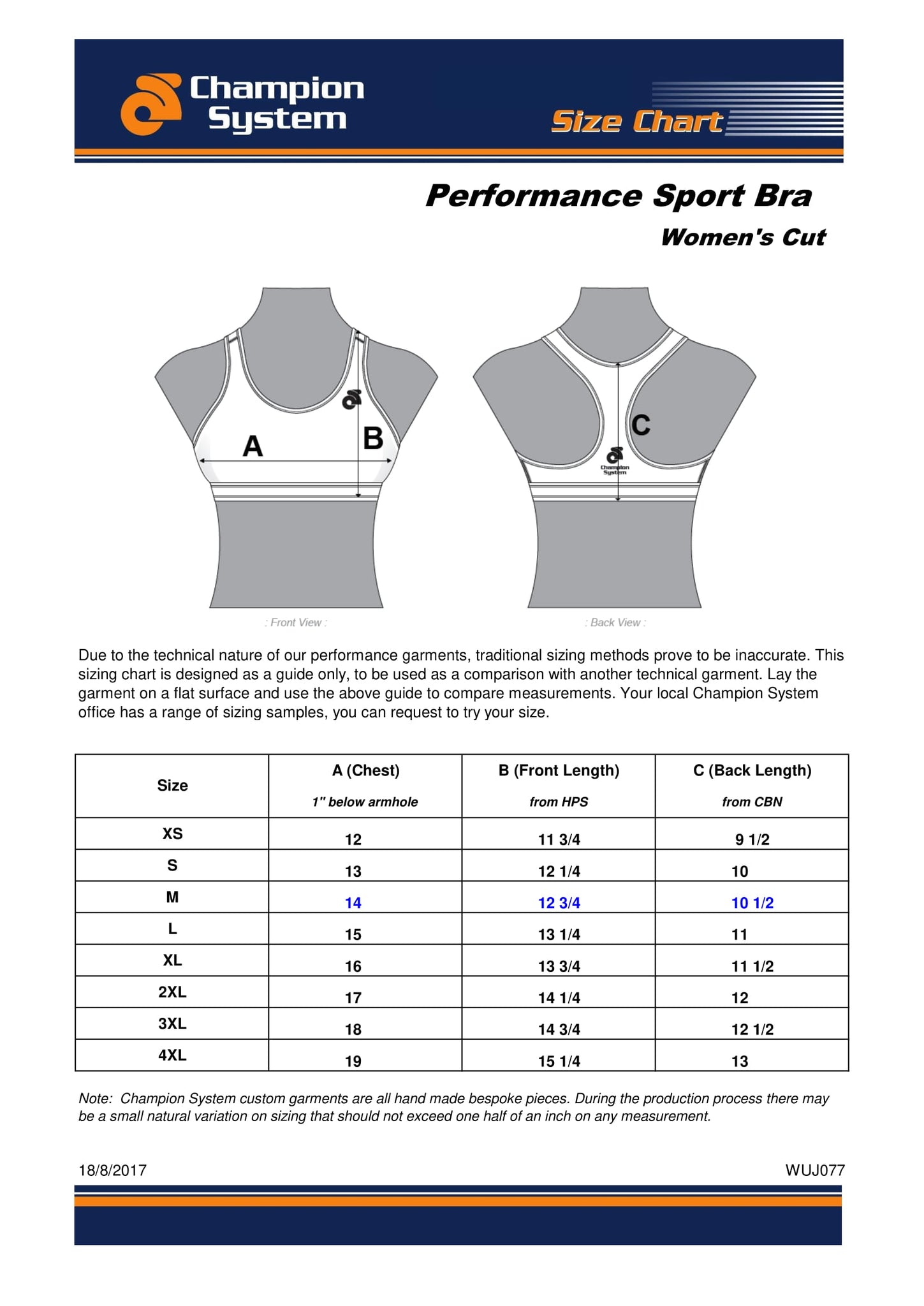 champion bra size chart