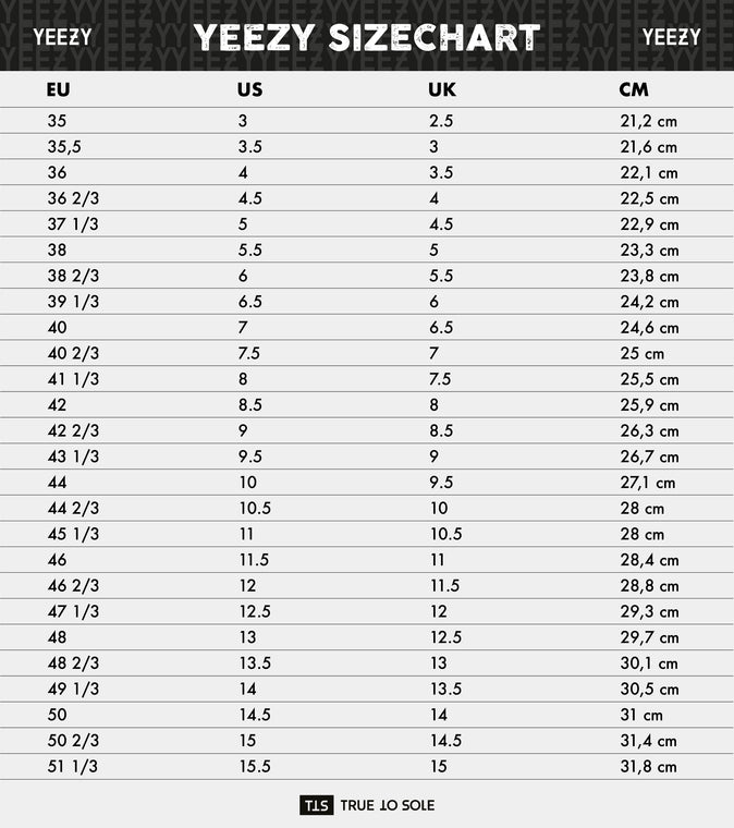 Yeezy Sneaker Sizing And Size Chart True To Sole