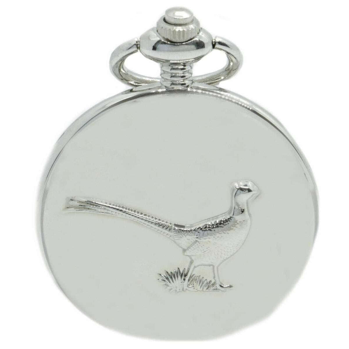 David Aster Pheasant Embossed Quartz Full Hunter Pocket Watch - Silver/White