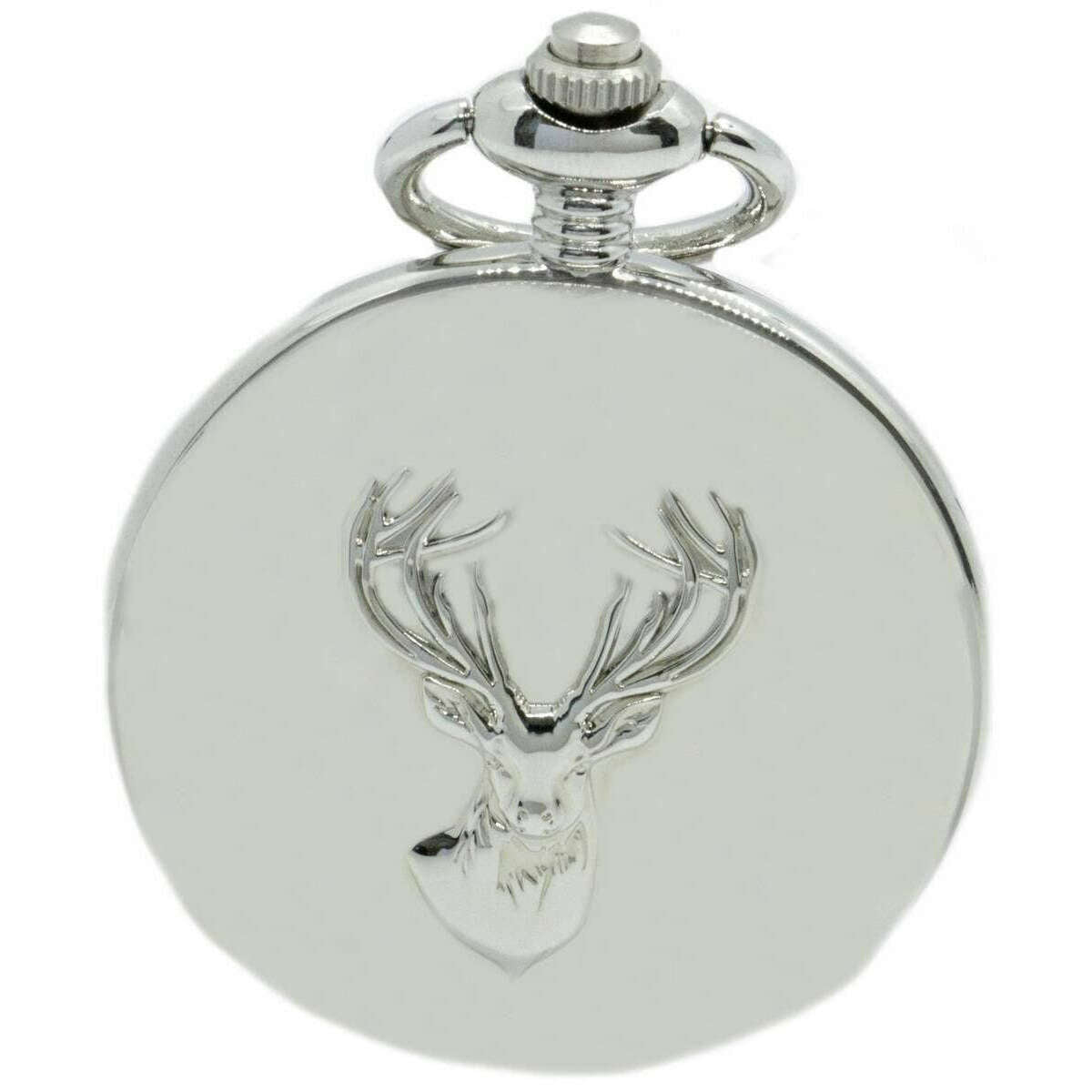 David Aster Stag Embossed Quartz Full Hunter Pocket Watch - Silver/White