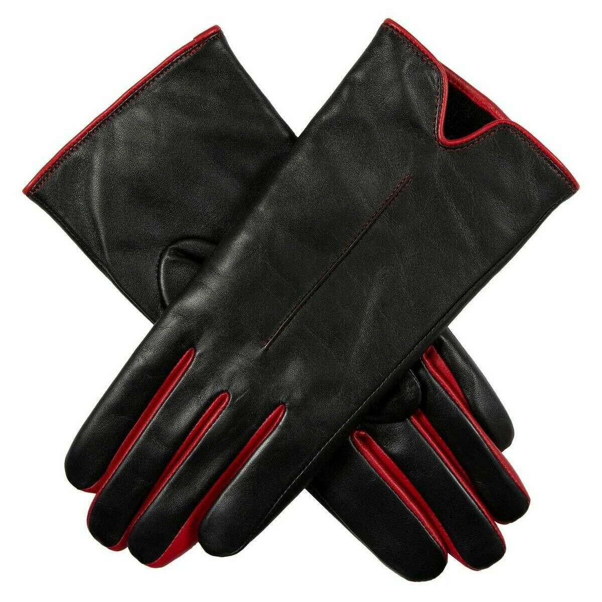 Dents Aveline Single-Point Leather Gloves - Black/Berry Red