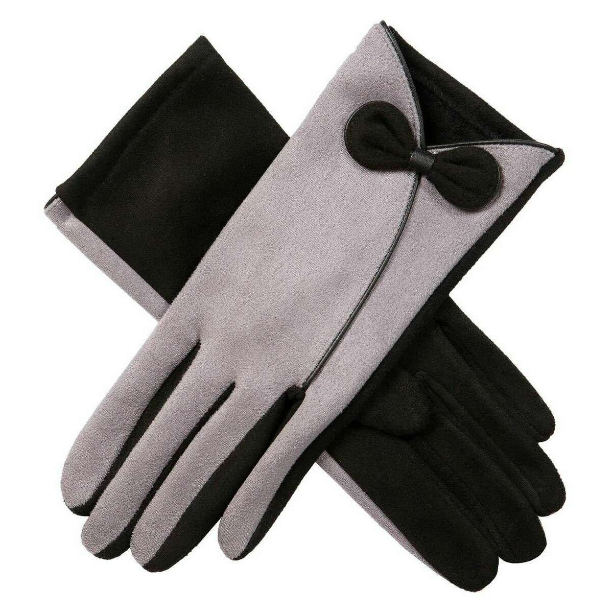 Dents Contrast Trim and Bow Touchscreen Velour-Lined Faux Suede Gloves - Dove Grey