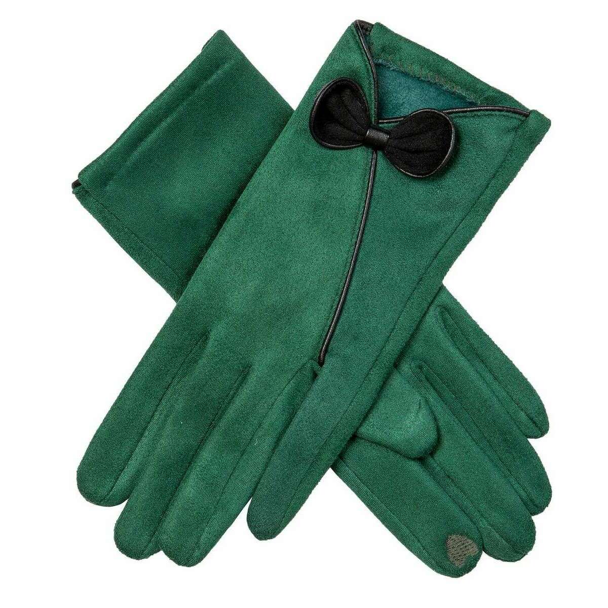 Dents Contrast Trim and Bow Touchscreen Velour-Lined Faux Suede Gloves - Emerald Green/Black