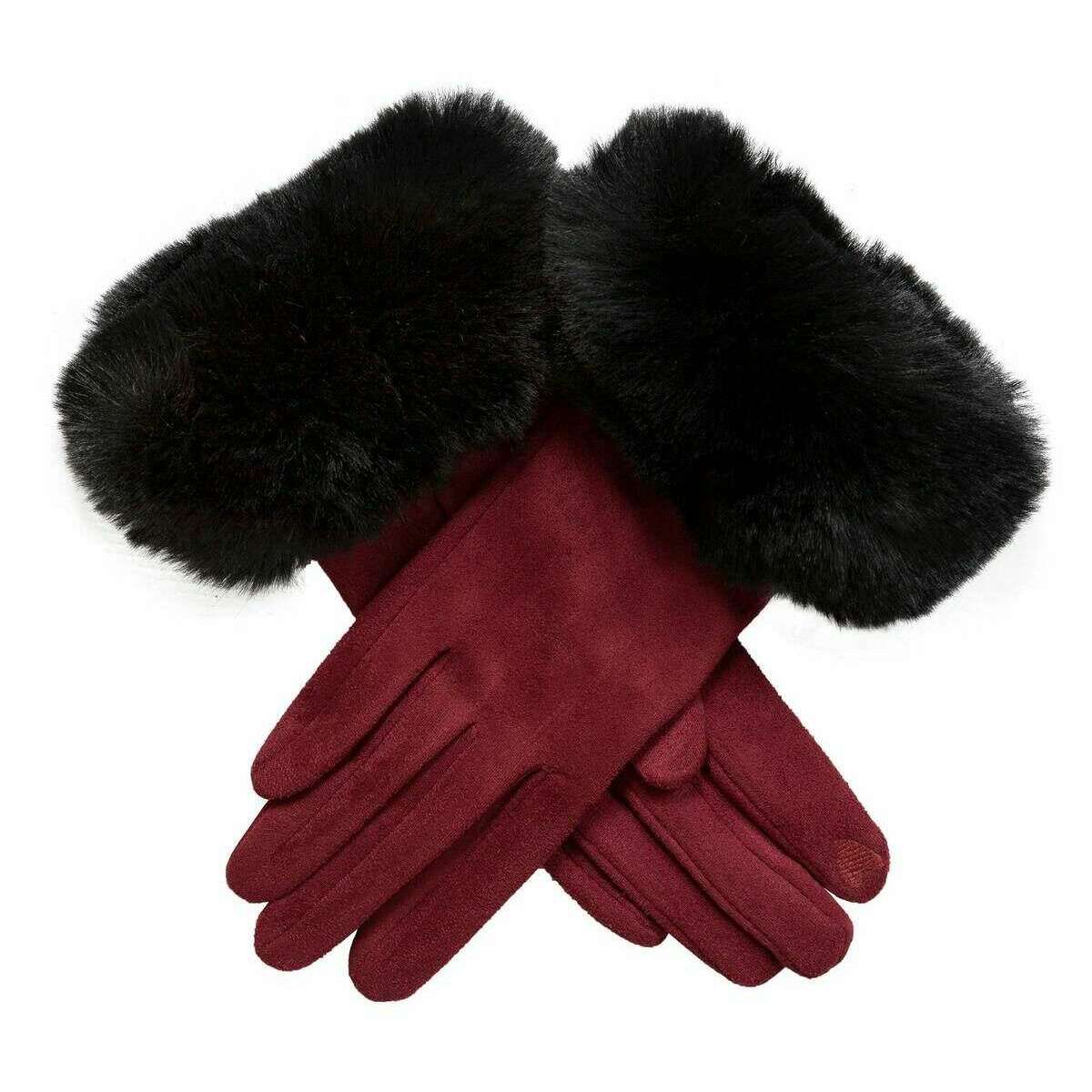 Dents Cuff Touchscreen Velour-Lined Faux Suede Gloves - Berry Red/Black