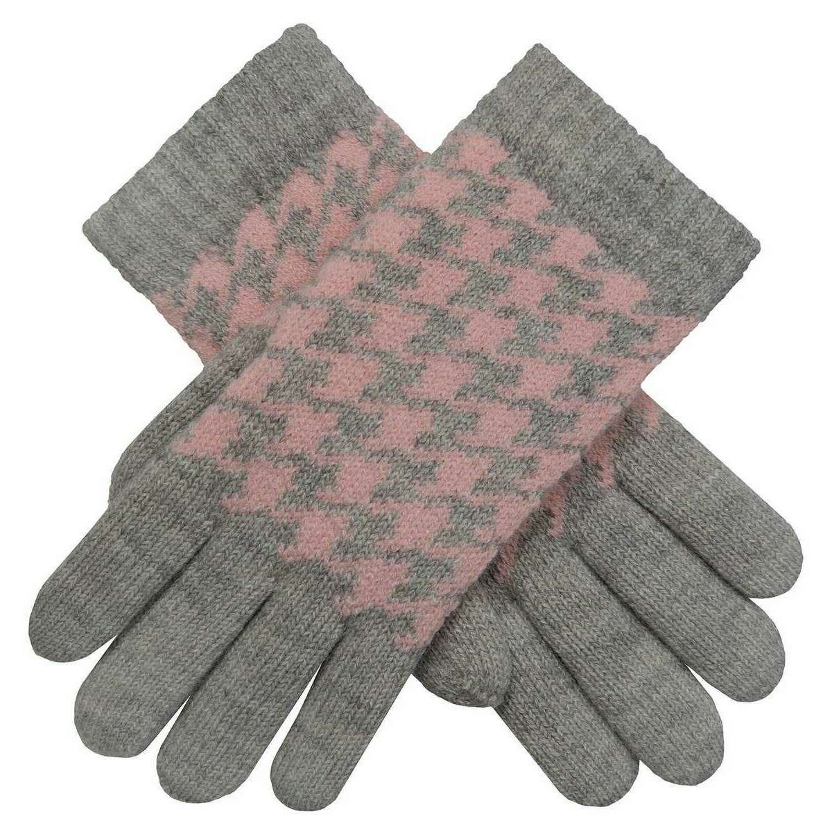 Dents Dogtooth Jacquard Knitted Gloves - Dove Grey/Blush Pink