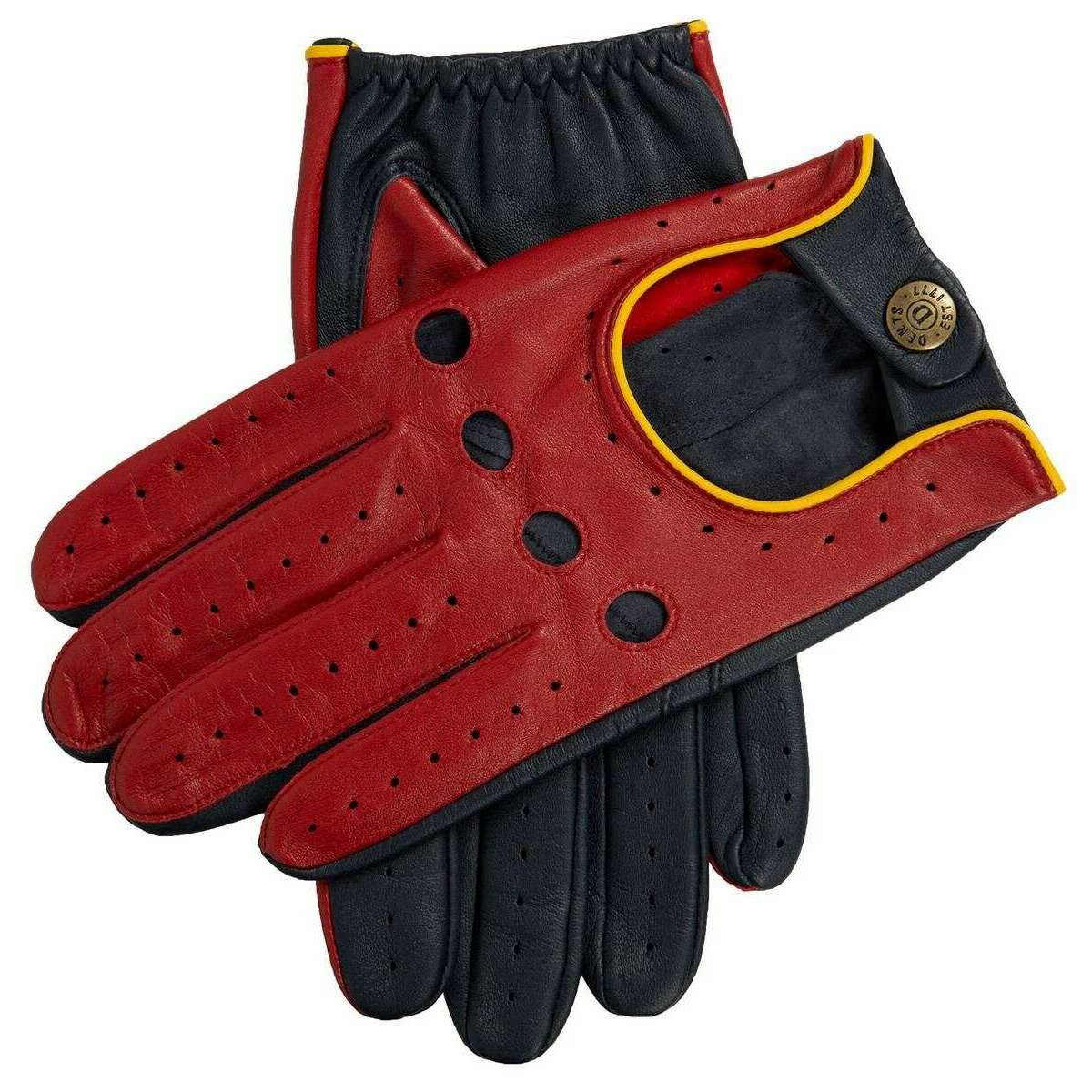 Dents Grand Prix Touchscreen Leather Driving Gloves - Berry Red/Navy/Yellow