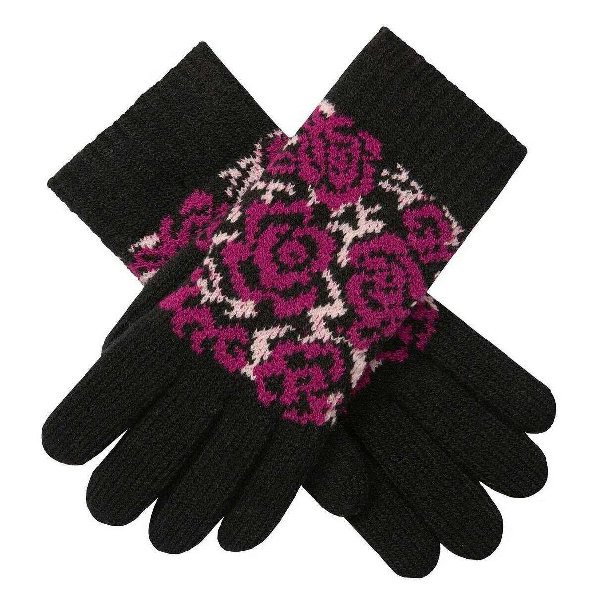 Dents Jacquard Rose Pattern Knitted Gloves - Black