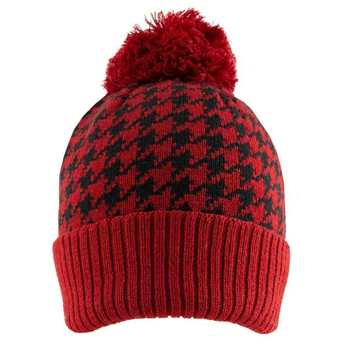 Dents Knitted Dogtooth Pattern Bobble Hat - Berry Red/Black