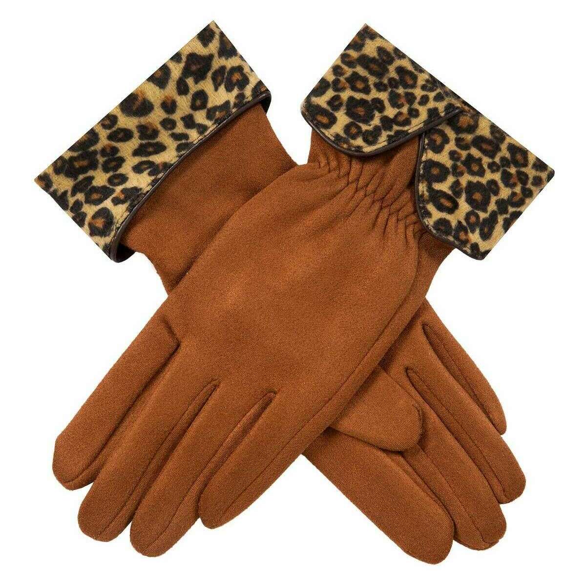 Dents Leopard Print Cuff Touchscreeen Velour-Lined Faux Suede Gloves - Cognac Brown