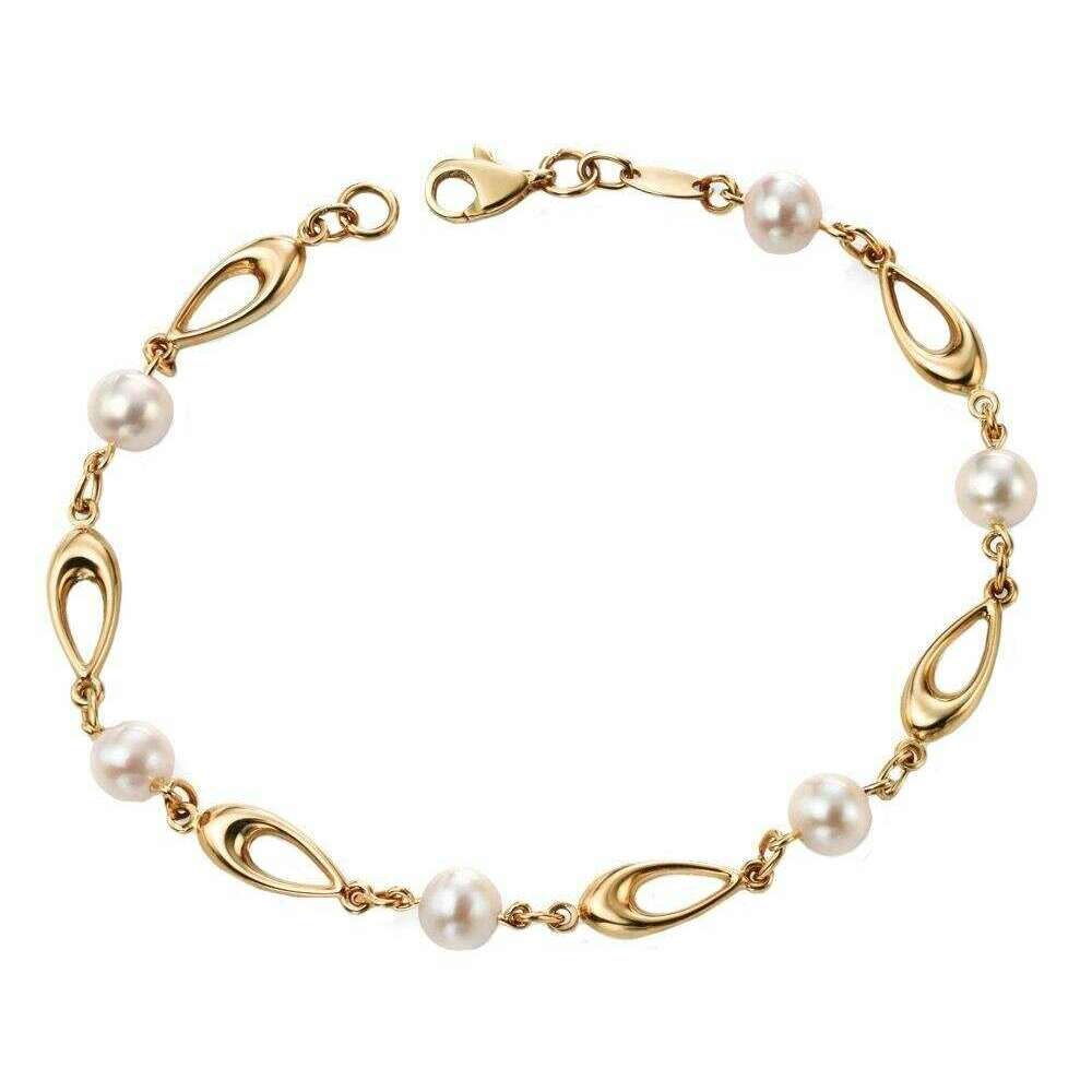 Elements Gold Freshwater Pearl Oval Link Bracelet - Gold/White