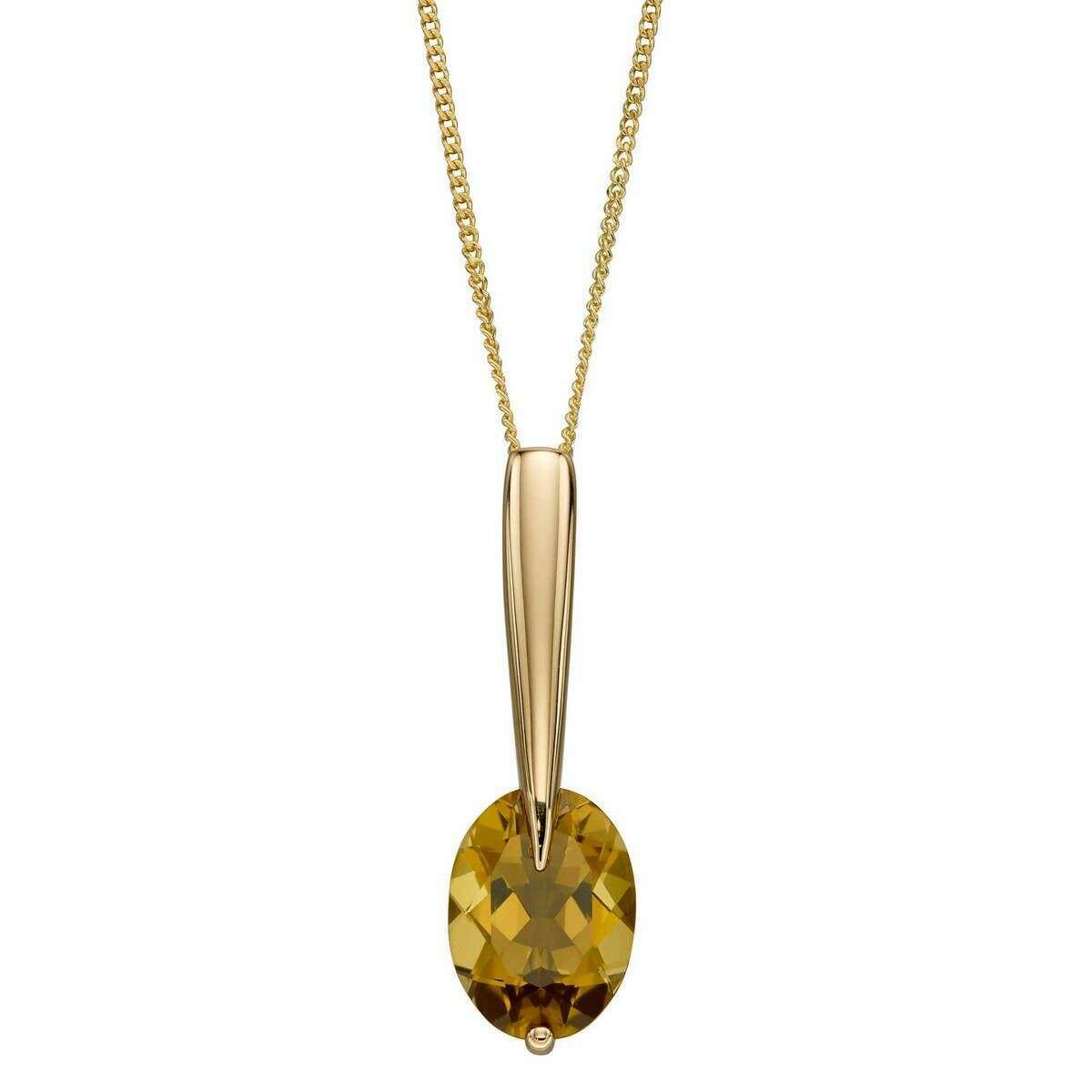 Elements Gold Olive Quartz Long Drop Pendant - Gold/Brown