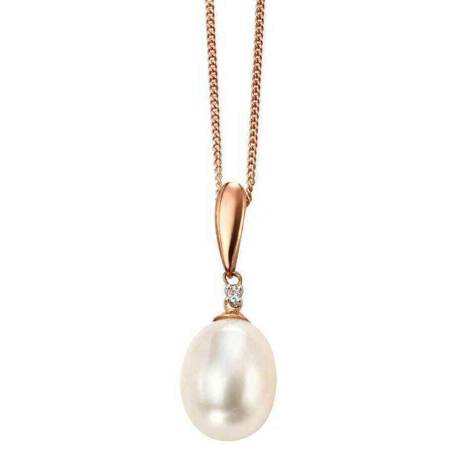 Elements Gold Single Diamond and Freshwater Pearl Drop Pendant - Rose Gold/White