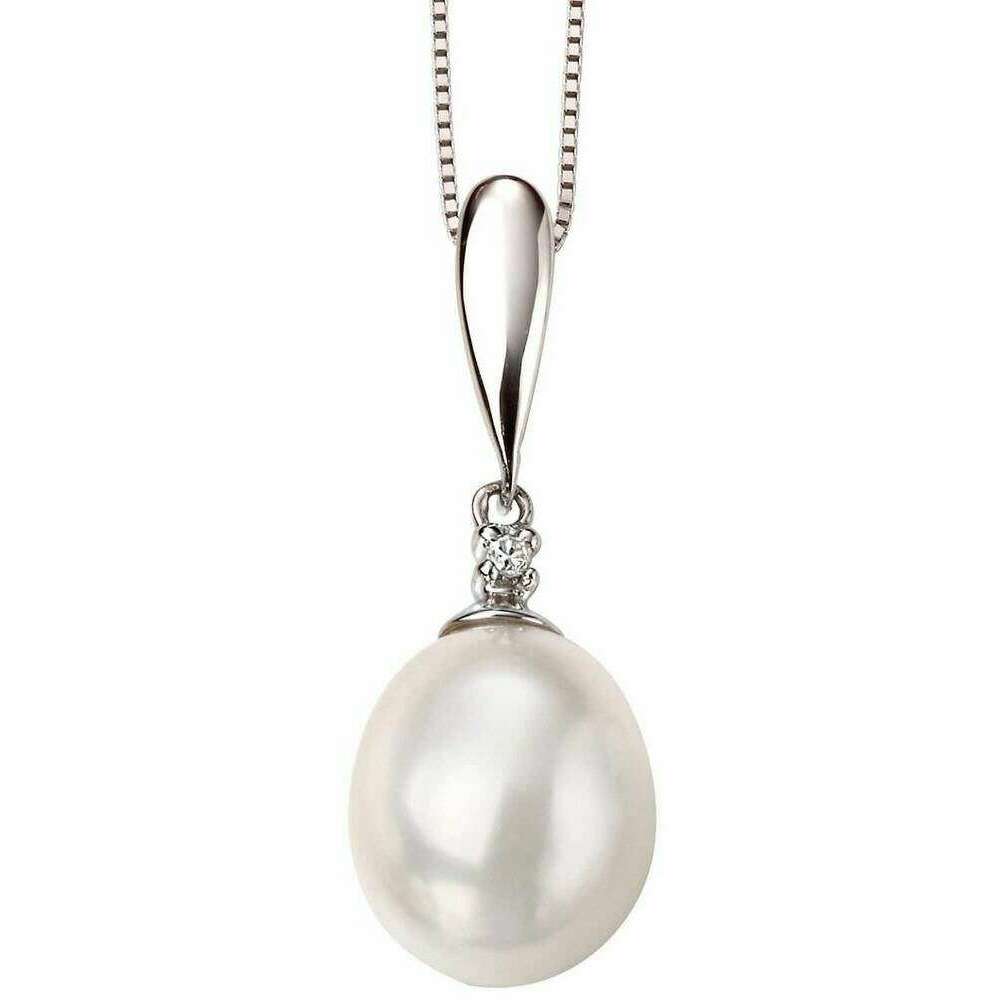 Elements Gold Single Diamond and Freshwater Pearl Drop Pendant - Silver/White