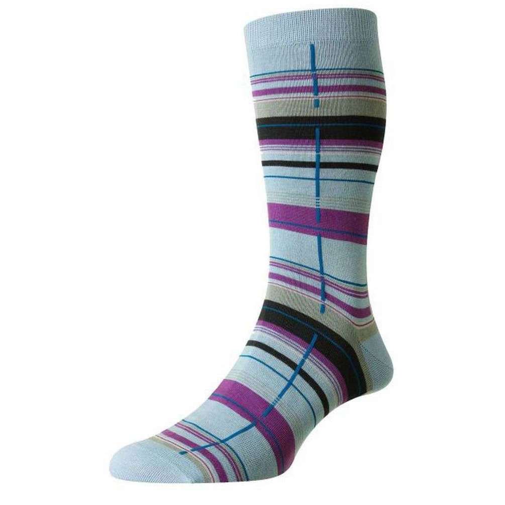 Pantherella Carway Multi Check Sea Island Cotton Socks - Light Blue